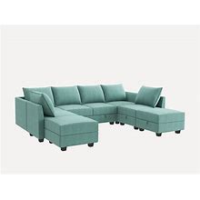 HONBAY 100% Polyester 112.6' Wide U-Shaped Modular Sectional Sofa With Storage Ottoman, Modular Sleeper Sofa With Bed, 6-Seater, Aqua Blue