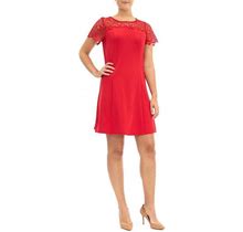 Women's Nina Leonard Lace-Yoke Cap Sleeve A-Line Dress, Size: Medium, Med Red