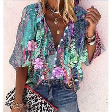 Women's Shirt Blouse Floral Graphic Casual Holiday Yellow Purple Green Button Print Long Sleeve Daily Basic Standing Collar Regular Fit Fall & Winter