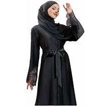 Women Muslim Maxi Dress Pleated Lace Flare Sleeve Dress Black XL