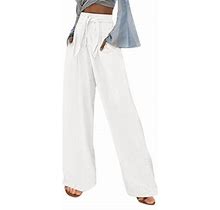 Zmhegw Pants Women Petite Solid Color Loose Pockets Elastic Belt Waist Long Trousers