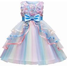 Girl's Rainbow Tulle Lace Dress | Blue | 3-4T