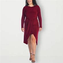 24Seven Comfort Apparel Plus Long Sleeve Fit + Flare Dress | Red | Plus 3X | Dresses Fit + Flare Dresses