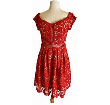 Francescas Women L Dress Red Floral Embroidered Fit And Flare