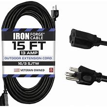 Iron Forge Cable Weatherproof Outdoor Extension Cord 15 Ft, 16/3 SJTW Heavy Duty Black Extension Cord 3 Prong, 13 Amp Exterior Power Cable For