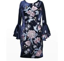 Marchesa Notte Mini Girl's Bell-Sleeve Floral-Embroidered Velvet Dress, Size 6-14, Blue, 6, Girls Apparel Dresses