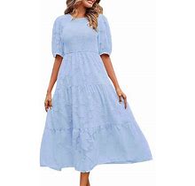 Weaiximiung 2023 Summer Women's Round Pleated Puff Sleeve Layered Floral Dress Summer Dresses For Women 2024 Vacation Trendy Over 50 Light Blue S