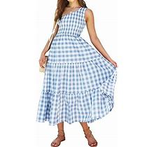 Lesimsam Women Swing Dress, Sleeveless One-Shoulder Flowy Tiered Summer Casual Beach Long Dress