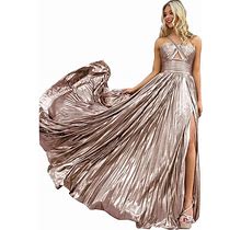 Tidinesslife Women's Halter Metallic Sparkly Prom Dress Formal Pleated Long Evening Dress