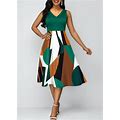 Rotita Sleeveless Midi Fit And Flare Dress Geometric Print V Neck Green Dress - L