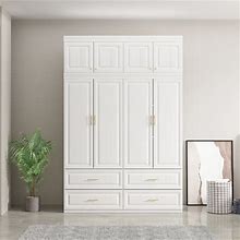 AIEGLE 4 Doors Wardrobe Armoire With 4 Drawers, 63" Wide Large Freestanding Armoire Wardrobe Closet With Shelves, Hanging Rod & Top Storage Cabinet,