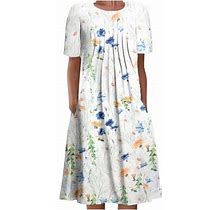 Pntutb Clearance Dresses For Women Summer Bohemian Print Short Sleeve Beach Dress Knee Length Dress White S