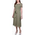 Ny Collection Petite Short Sleeve Belted Swiss Dot Dress - Olive Green Rectangle - Size PXL