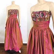 Vintage 1980S SEQUIN BEADED Metallic STRAPLESS Bustier Top Iridescent Silk Evening Dress