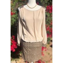 Caché Nude Cream Rose Gold Sequin Mini Dress Long Sleeves Cold Shoulder SZ 2