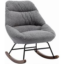 Gray Boucle Upholstered Padded Seat Rocking Chair With Swing Back And Rubberwood Leg