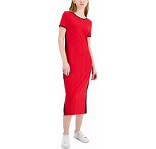 Tommy Hilfiger Women's Ribbed Midi Dress - Medium Red - Size L