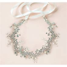 BABEYOND Bridal Headpiece Handmade Wedding Hair Vine Crystal Floral Leaf Headband With Satin Ribbon (Silver)
