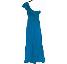 Polka Dots Blue Gauze One Shoulder Maxi Dress Medium