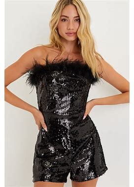 Black Sequin Feather Strapless Romper | Womens | X-Small | 100% Polyester | Lulus