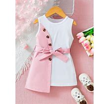 Baby Girl's Elegant Creative Patchwork Irregular Pink Sleeveless Waist-Tie Dress, Perfect For Summer vacation,12-18m