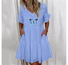Finelylove Petite Formal Dresses For Women Dresses For Curvy Women V-Neck Floral Short Sleeve Sun Dress Blue