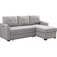 Lilola Home Mabel Light Gray Linen Fabric Sleeper Sectional With Cupholder, USB Charging Port And Pocket