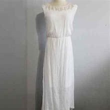 Ab Studio White Pleated Maxi Dress Embroidered Neckline Waterfall Hem