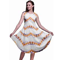 Bimba Orange Shibori Tie-Dye Women Printed Knee Length Sleeveless Shift Summer Dress-X-Small