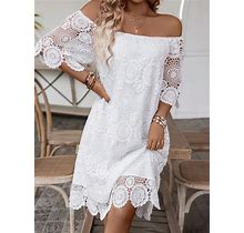 Soluble Lace One-Shoulder Casual Dress,S