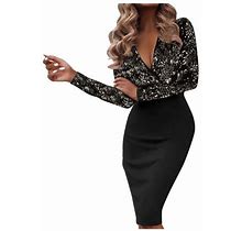 Yubnlvae Dresses For Women's Fashion Sequins Patch Deep V-Neck Long Sleeve Party Dress - Brown