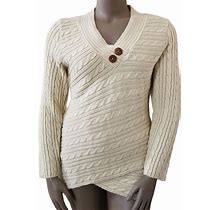 Venus Sweater Womens Large Beige Cable-Knit Button V-Neck Tulip Hem