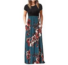 Sentuca Womens Loose Fit Round Neck Long Dresses Floral Print Casual Short Sleeve Dress Green S