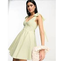 ASOS DESIGN Bow Shoulder Mini Dress With Pleat Waist In Sage-Green - Green (Size: 8)
