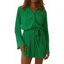 Wdehow Women's Button Down Shirt Dress, Fashion Long Sleeve V Neck Pleated Mini Dress With Belt