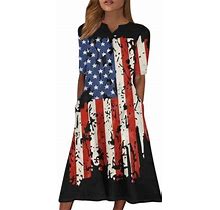 Difdany Women's 4th Of July 4th Of July V-Neck Short Sleeve Dress Polka Printing Casual Dress With Pockets Wine 2XL