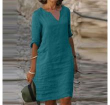 Xysaqa Womens Casual Summer Cotton Linen T-Shirt Dresses, V Neck Short Sleeve Beach Tank Dress For Women Knee Length Solid Tunic Sundress