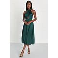 Emerald Green Satin Pleated Halter Midi Dress | Womens | Large (Available In M) | 100% Polyester | Lulus