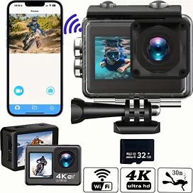 4K30FPS Wifi Action Camera, Front 2.0-Inch LCD, Rear 1.3-Inch LCD, 20 Megapixel Photo Pixel, Waterproof Sports Camera, Recorder Action Camera (,Temu