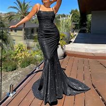 Finelylove Ballroom Dress For Women Flowy Maxi Dress V-Neck Solid Sleeveless Embellished Black