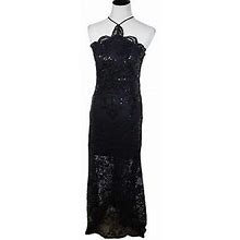 Venus Medium Black Lace Overlay Sequin Halter Maxi Dress