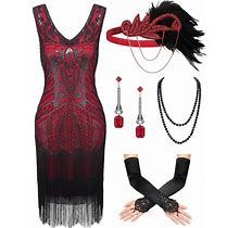 SWEETV Women's Vintage Flapper Dress 1920S,Great Gatsby Sequin Fringe Dresses With 20S Accessories Set For Party Prom