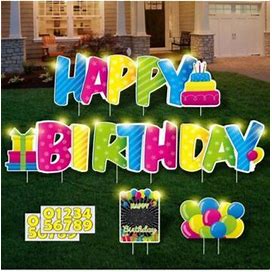16" Happy Birthday Yard Signs With Stakes , Numbers And 2X Led Lights