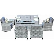 Fay 7-Piece Wicker Patio Fire Pit Set With Gray Cushions And Swivel Chairs