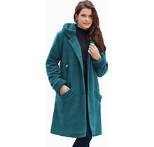 Plus Size Women's Hooded Button-Front Fleece Coat By Roaman's In Deep Lagoon (Size 3X)