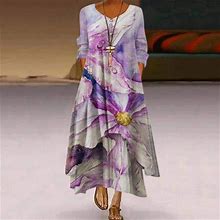 Beeyaso Clearance Summer Dresses For Women V-Neck Floral A-Line Ankle Length Casual 3/4 Sleeve Dress Purple M