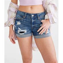 Aeropostale Womens' Seriously Stretchy Low-Rise Denim Midi Shorts - Washed Denim - Size 16 - Cotton - Teen Fashion & Clothing - Shop Spring Styles