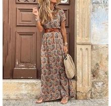 Women's Floral Dress Boho Chic Dresses Floral Print Ruffle Belted Surplice Neck Maxi Long Dress Bohemia Classic Daily Short Sleeve Summer Spring