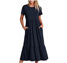 Sentuca Womens Crewneck Maxi Dresses Short Sleeve Flowy Gothic With Pockets Tiered Dress