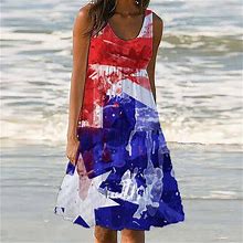 Gaecuw Red White Blue Shirt Dresses American Flag Clothing Fashion Casual Square Neck Dresses Summer Sleeveless Pullover Dress Independence Day Dresse
